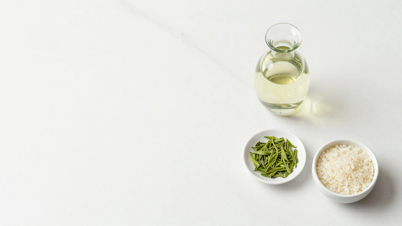 Minimalist flat lay of Japanese skincare elements including green tea and rice.