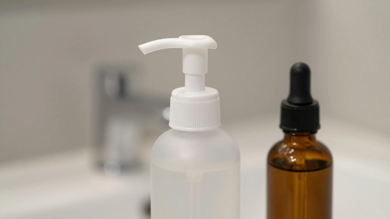 Opaque and amber glass skincare bottles designed to protect active ingredients from light.