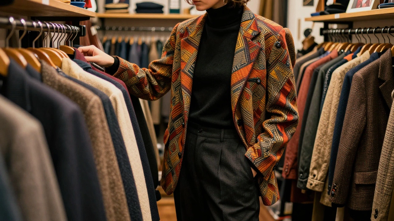 Person wearing a timeless neutral outfit paired with a vintage bold blazer while shopping at a thrift store.
