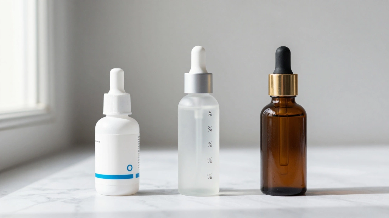 Three different types of skincare bottles on marble representing pharmacy, clinical, and luxury tiers.