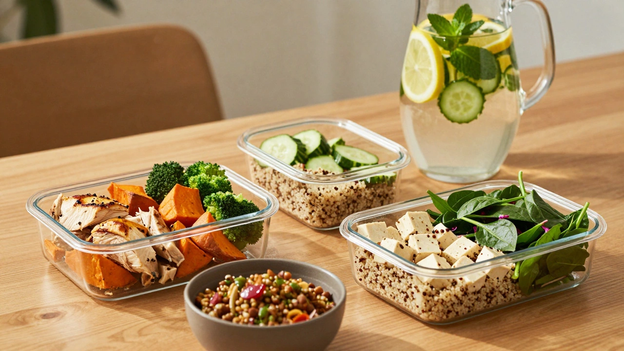 Various healthy meal prep containers and a pitcher of infused water on a table