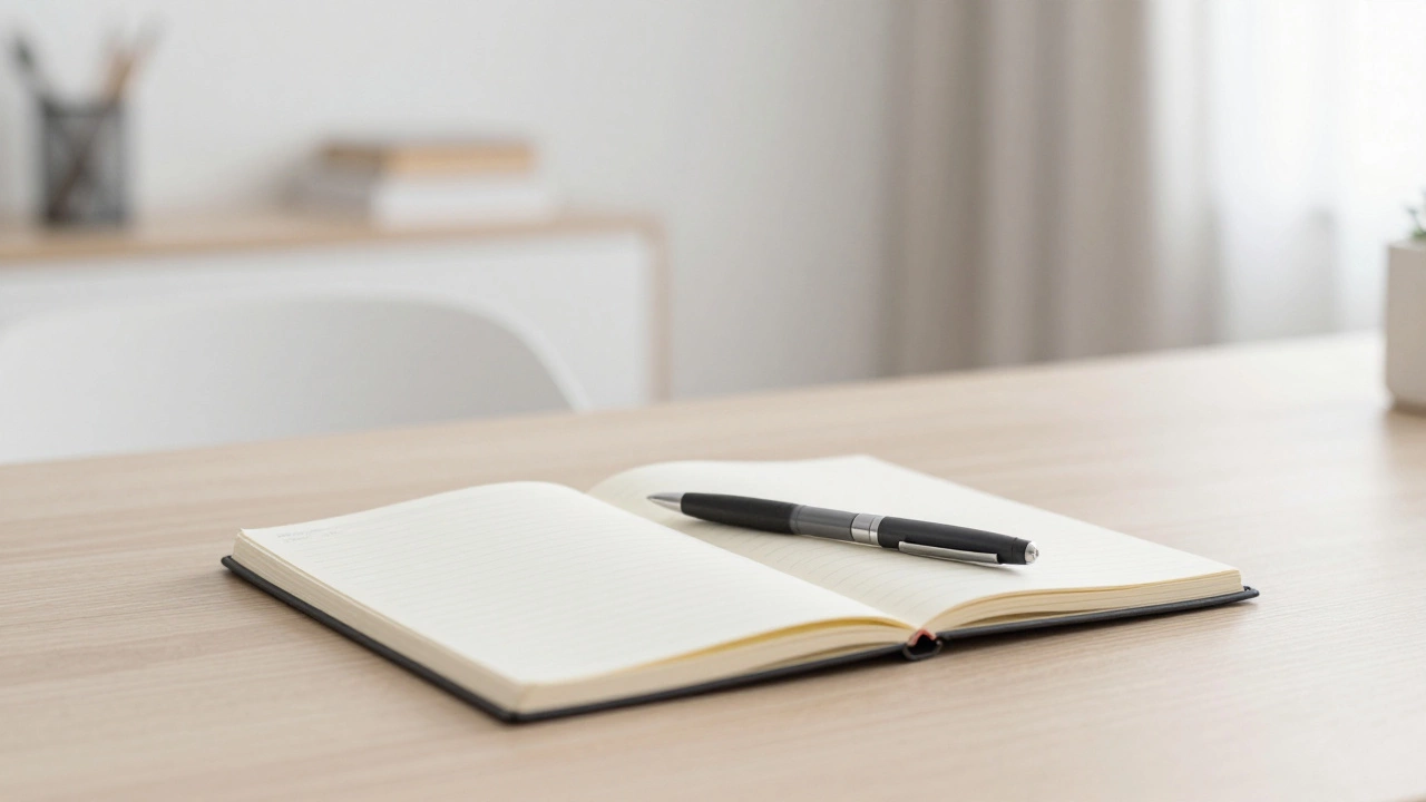 Clean, minimalist desk with open notebook symbolizing mental clarity