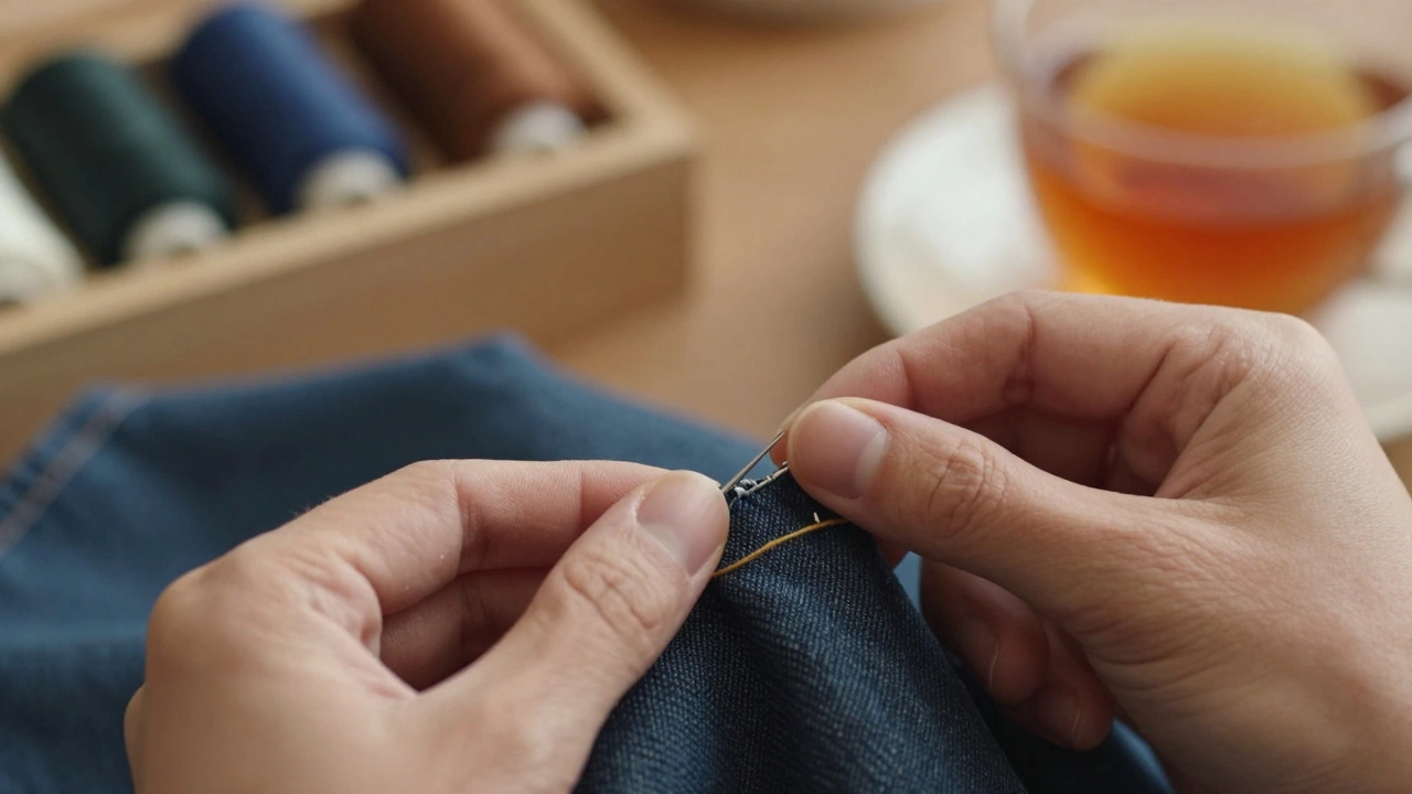 Close-up of hands hand-stitching a repair on durable fabric for circular fashion
