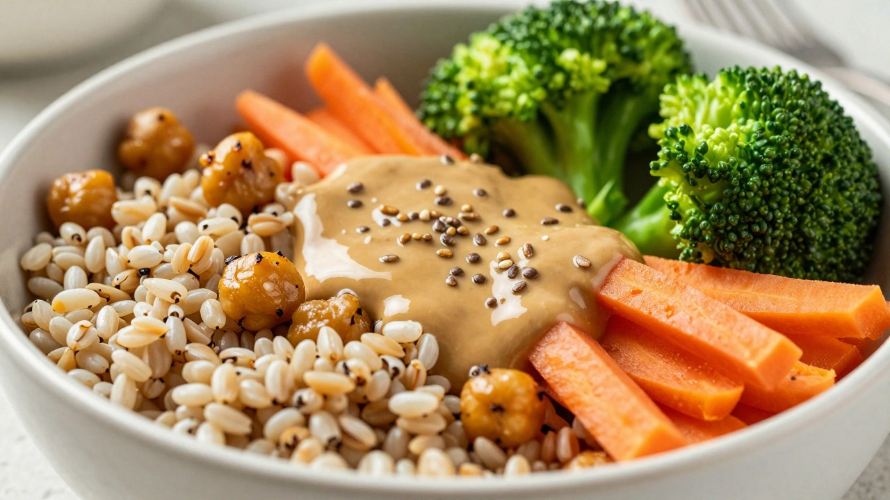 Colorful plant-based bowl with grains, veggies, and seeds