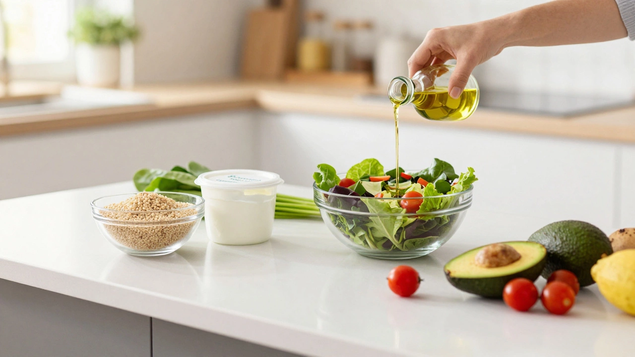 Fresh ingredients for a healthy meal on a kitchen counter