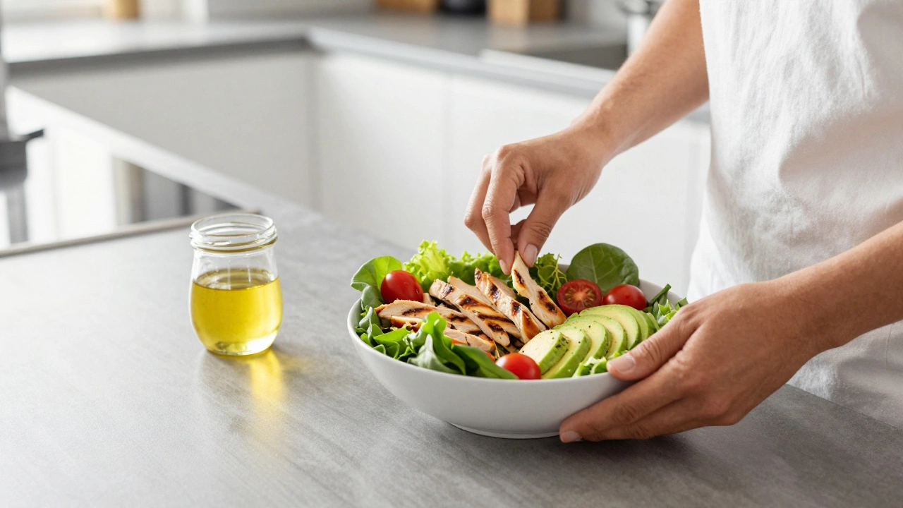 Fresh salad with chicken and avocado being prepared.