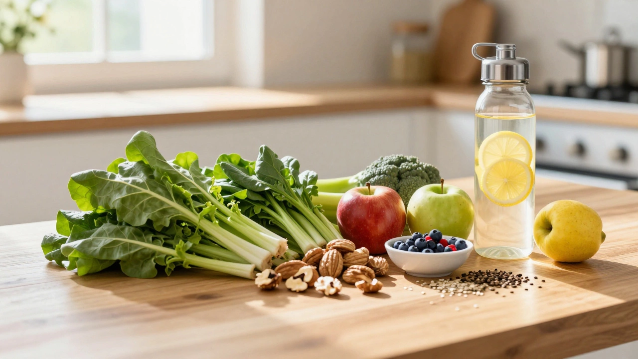 Fresh whole foods and water bottle on sunny kitchen table