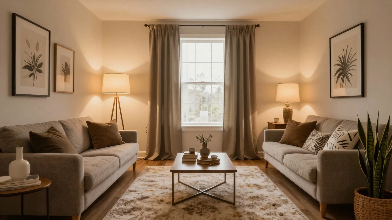 Fully decorated living room with rug, curtains, art, and plants