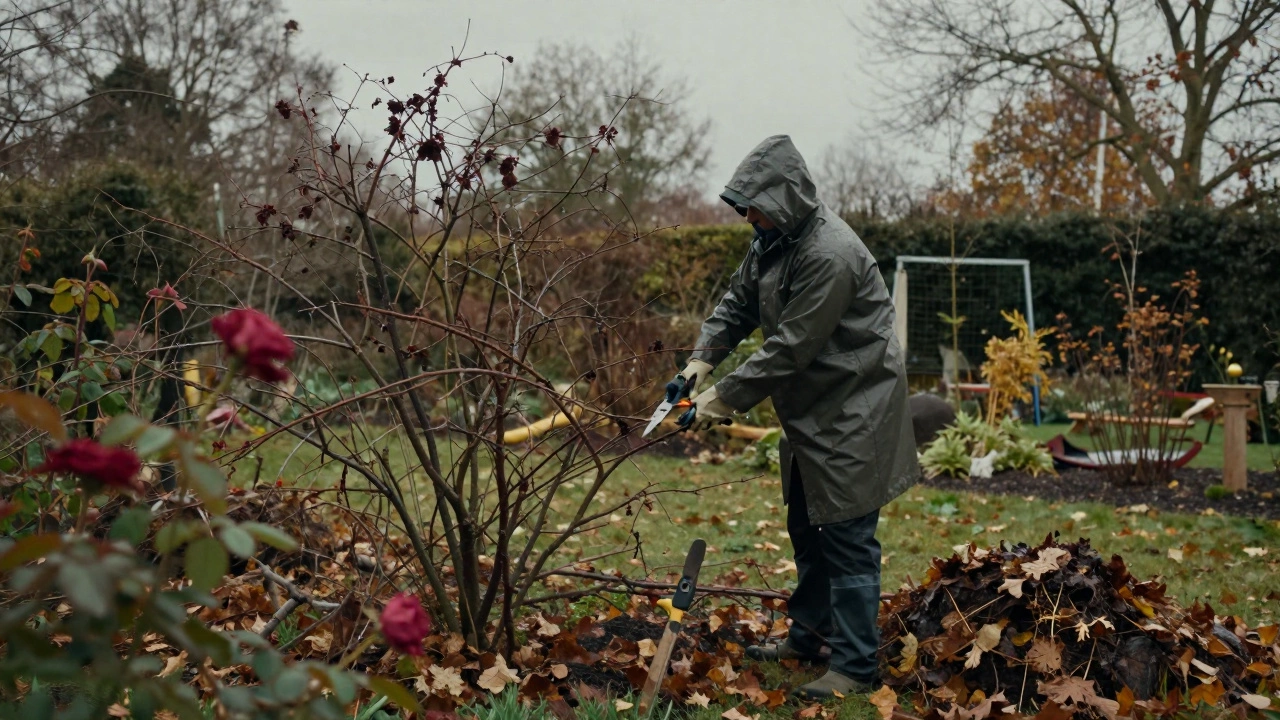 Gardener pruning roses and collecting leaves in autumn