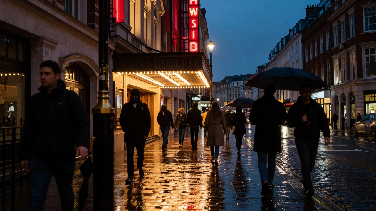 Glowing theater lights reflecting on wet London streets at night