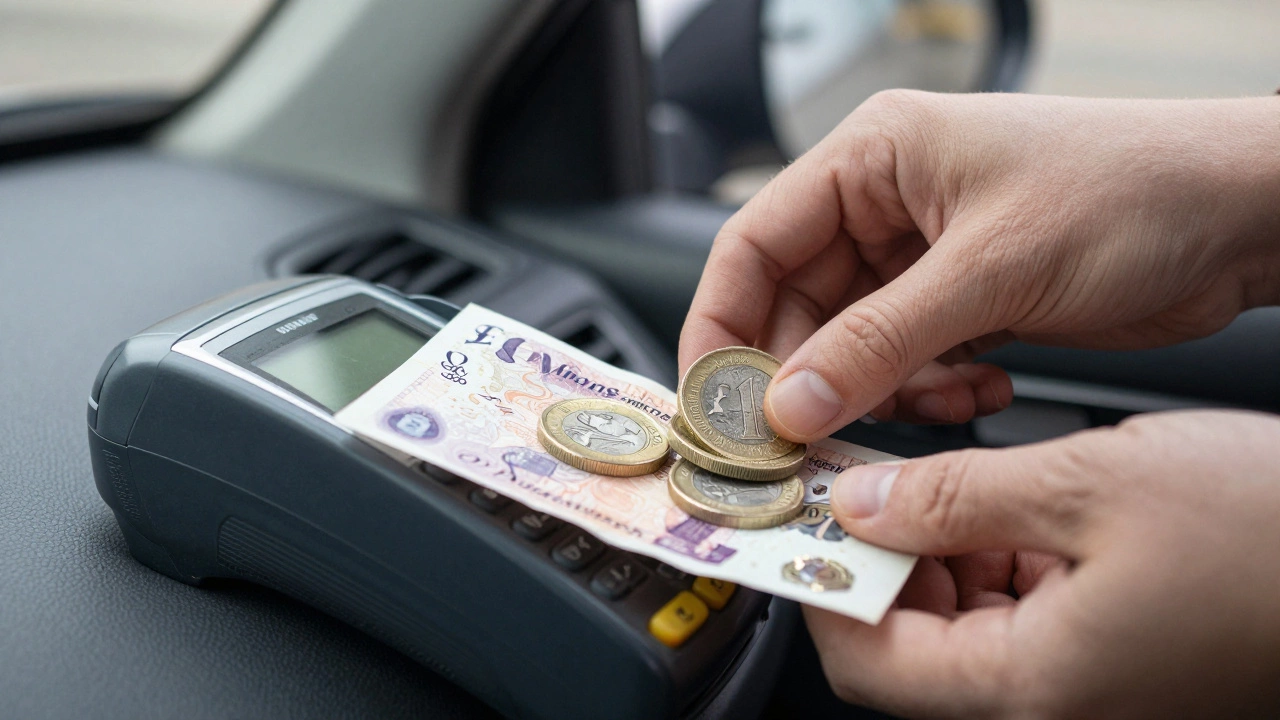 Hand leaving cash tips next to a taxi card reader
