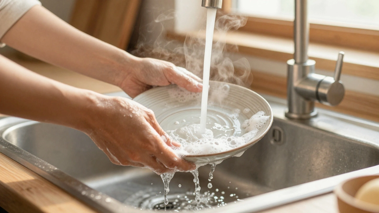 Hands washing a dish mindfully in warm sunlight