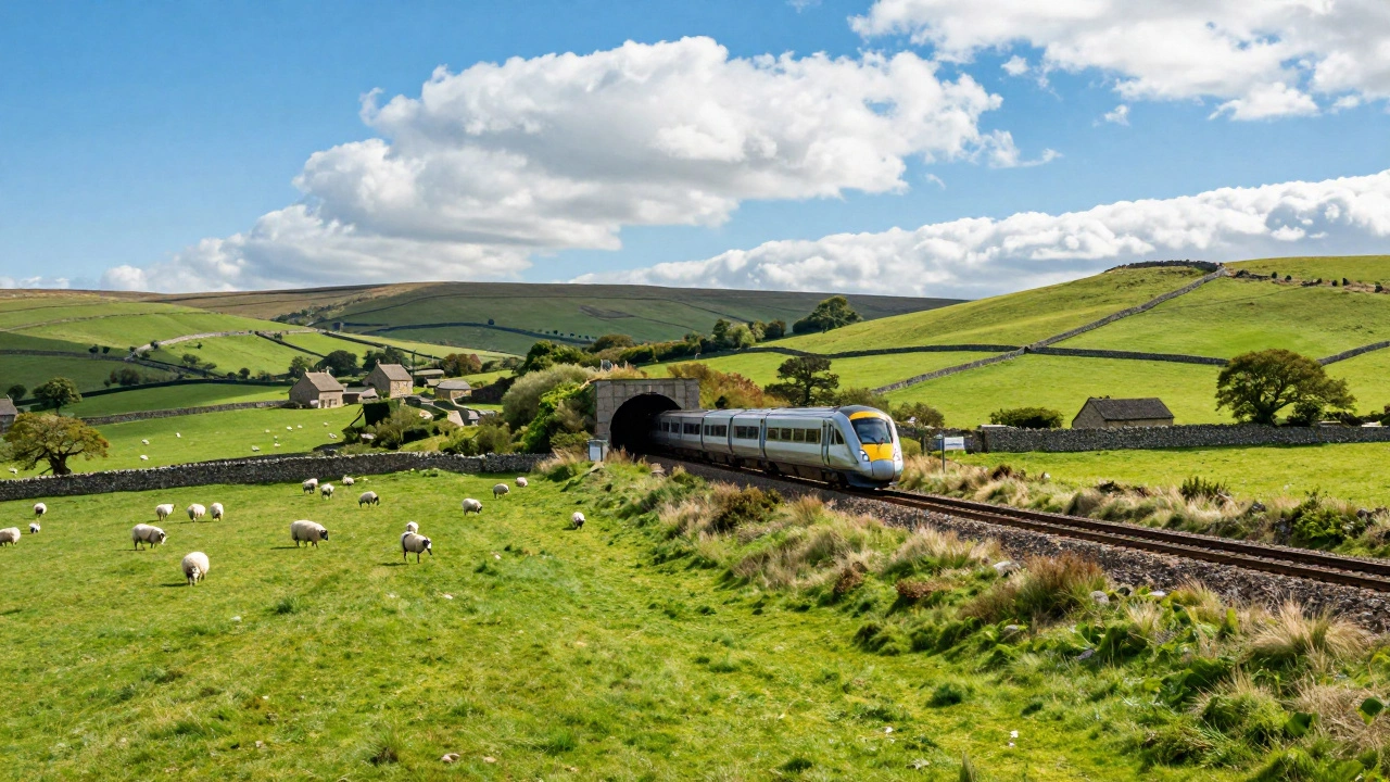 High-speed train passing through green Cotswolds countryside with stone cottages
