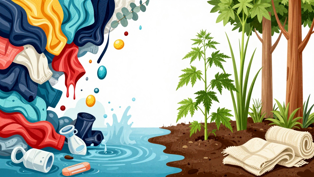 Illustration contrasting plastic waste from fast fashion with eco-friendly plant fibers