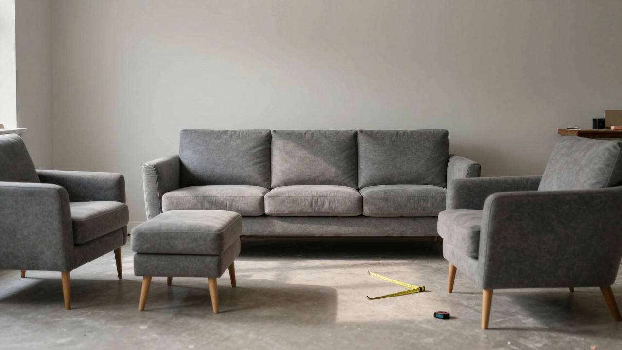 Living room with sofa and chairs arranged, measuring tape on floor
