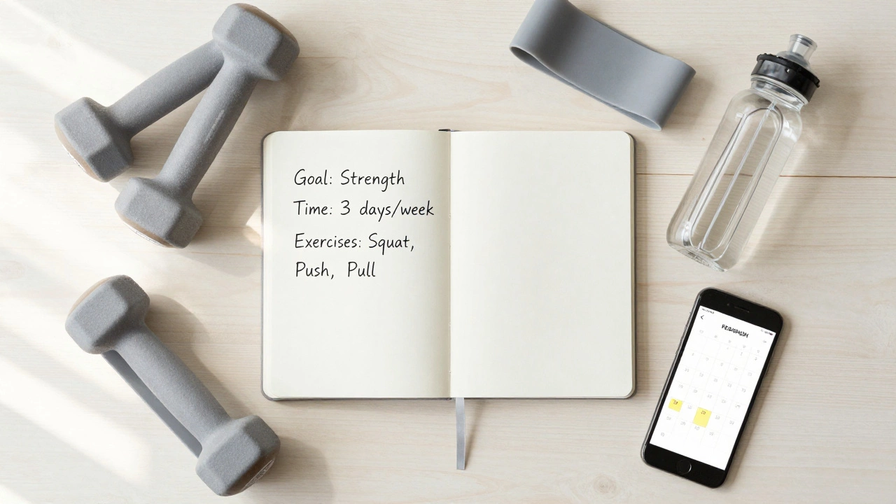 Notebook with a simple workout plan next to dumbbells and a calendar.