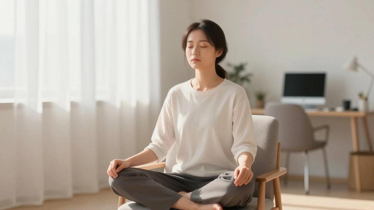 Person meditating peacefully in sunlit living room
