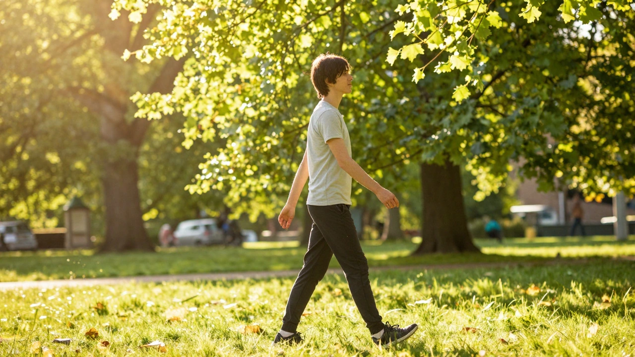 Person walking briskly in sunny UK park, looking refreshed and alert