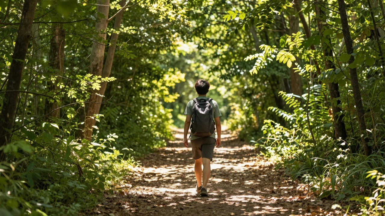Person walking on a sunny forest path for mental health recovery