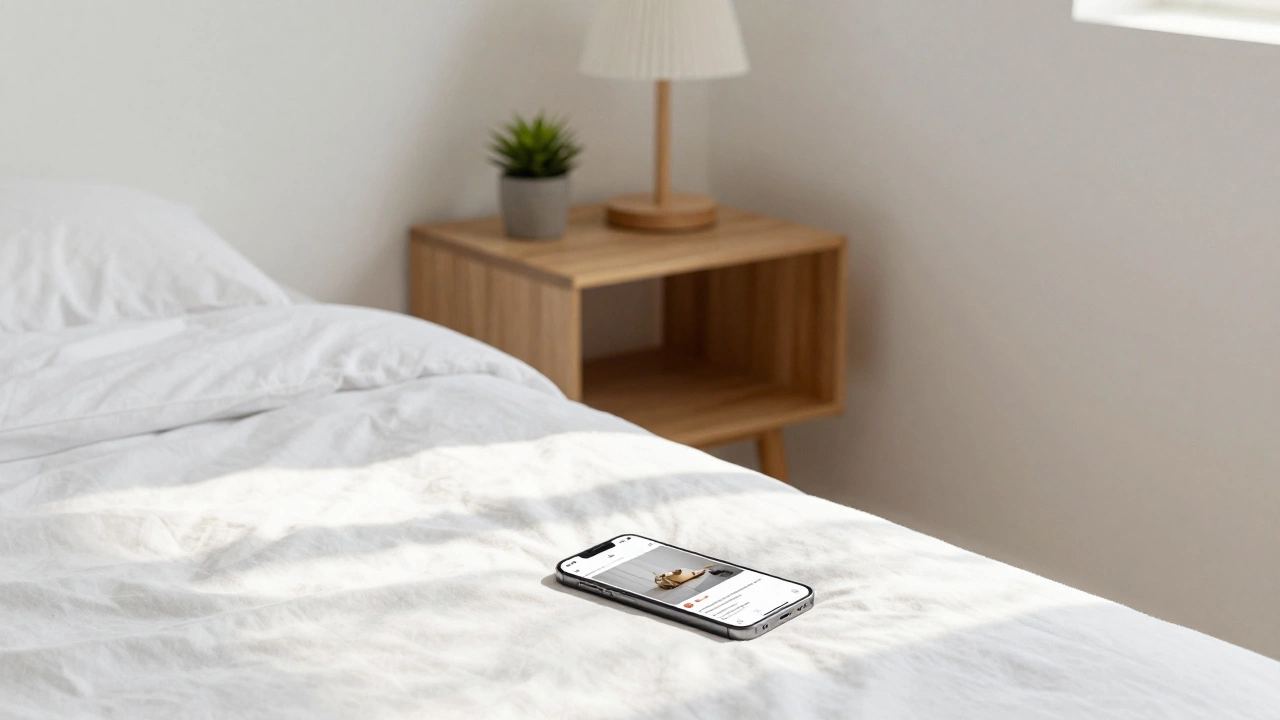 Serene minimalist bedroom with phone showing digital memory album
