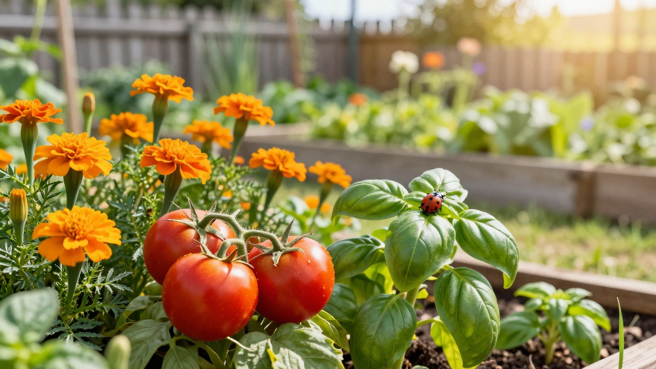 Tomatoes, marigolds, and basil growing together with a ladybug