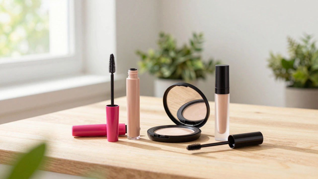 Affordable drugstore makeup items on a sunlit table