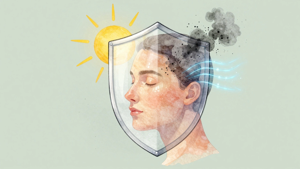 Artistic illustration of a protective shield guarding skin from sun, pollution, and blue light.