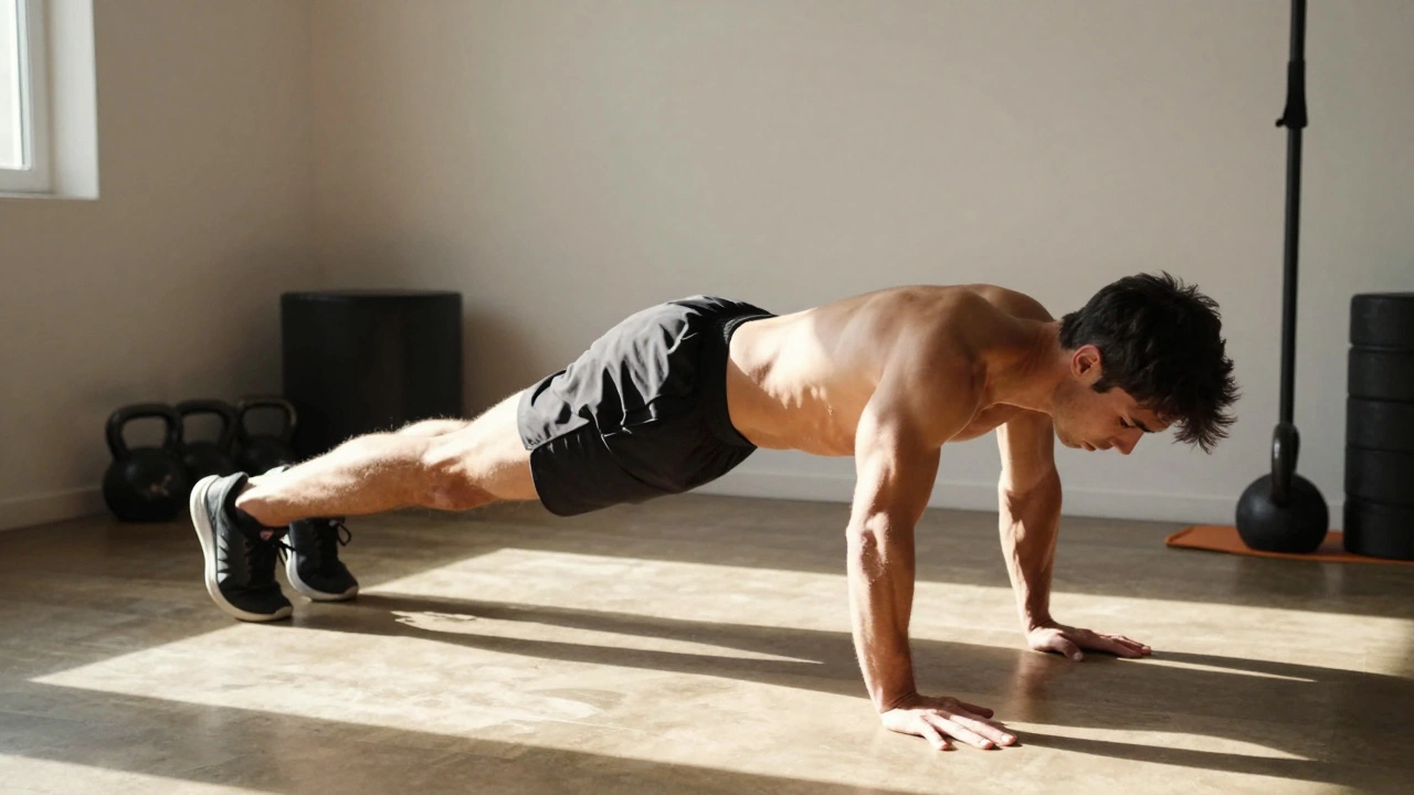 Athletic person performing explosive burpees in home gym