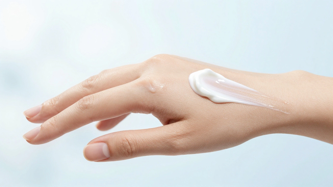 Close-up of moisturizer, cream, and sunscreen textures applied to skin showing hydration.