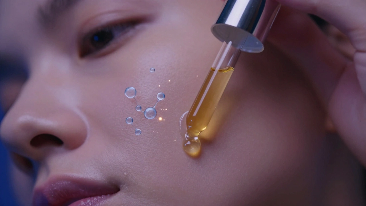 Close-up of serum being applied to skin with glowing effects