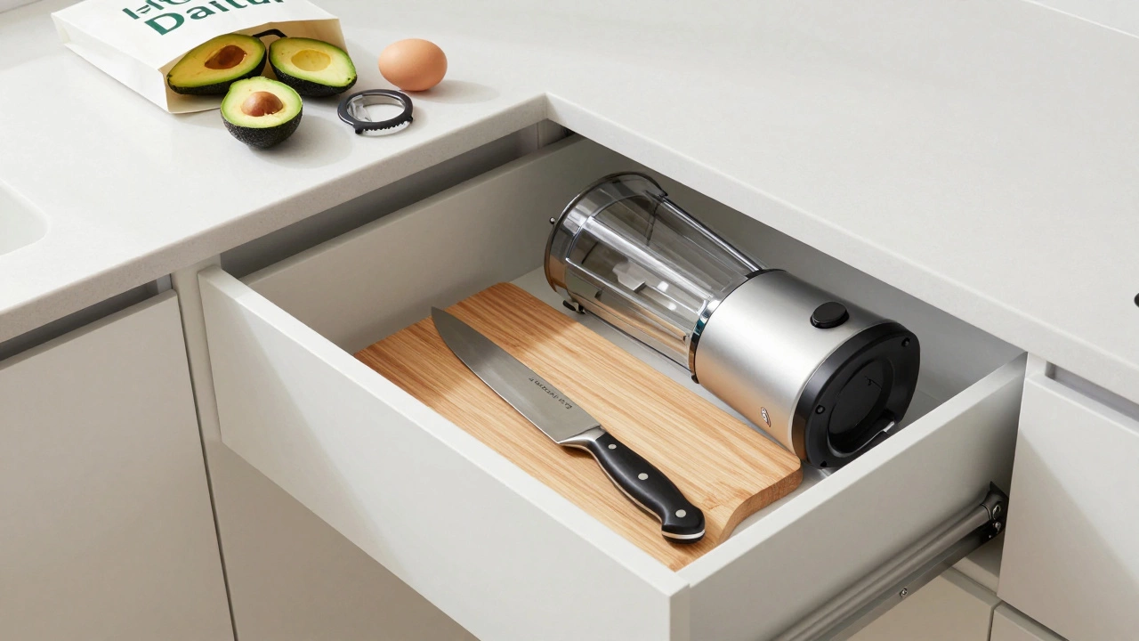Essential kitchen tools in a drawer with novelty gadgets in a bag