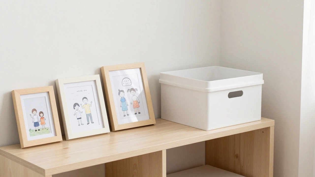 Framed photos and a labeled memory box on a tidy shelf