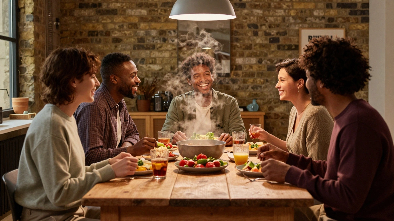 Friends laughing while sharing a meal at a simple table