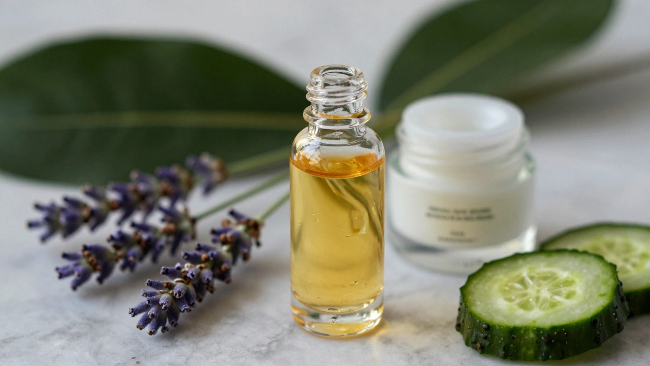 Golden facial oil and serums on marble with botanical accents
