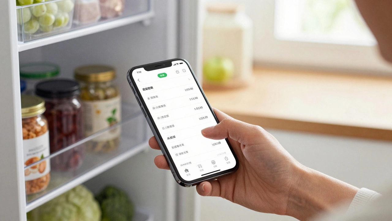 Hand using smartphone AR app to track grocery expiration dates in pantry