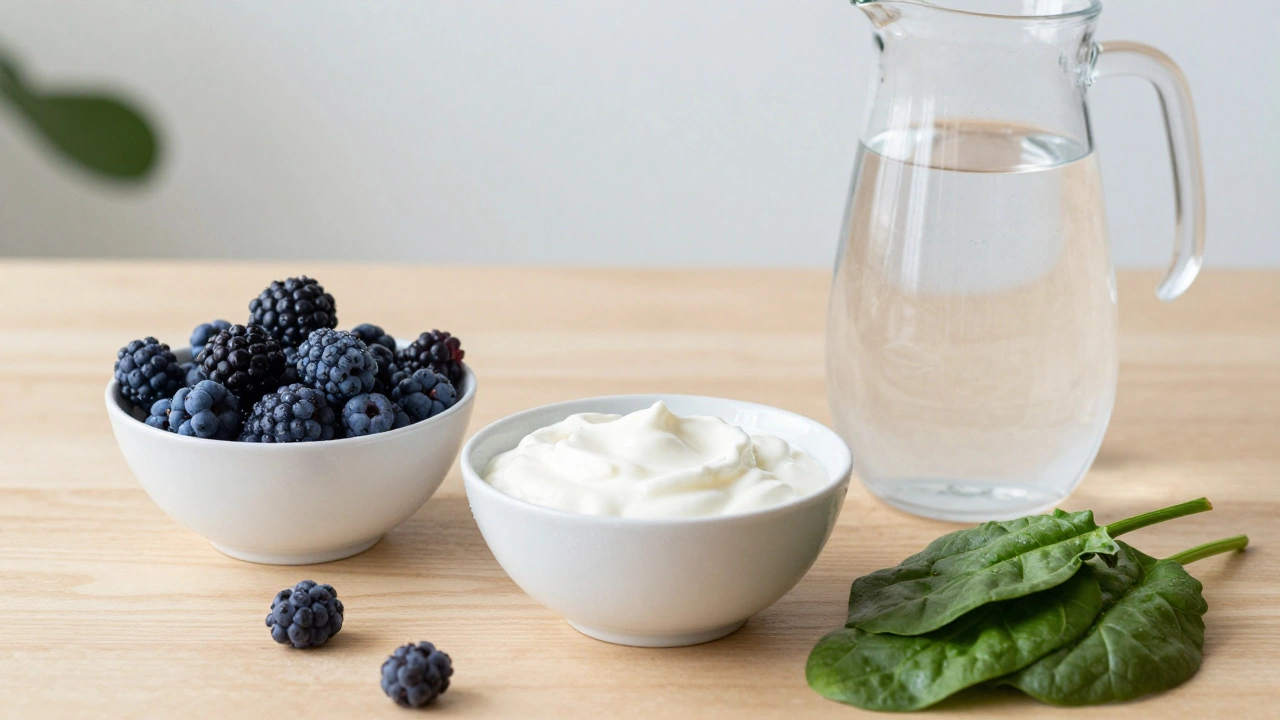 Healthy breakfast with yogurt, berries, and water on a table