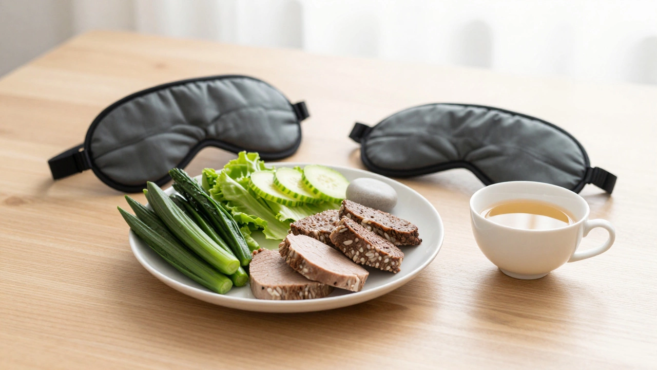 Healthy food, sleep mask, and relaxation items on table