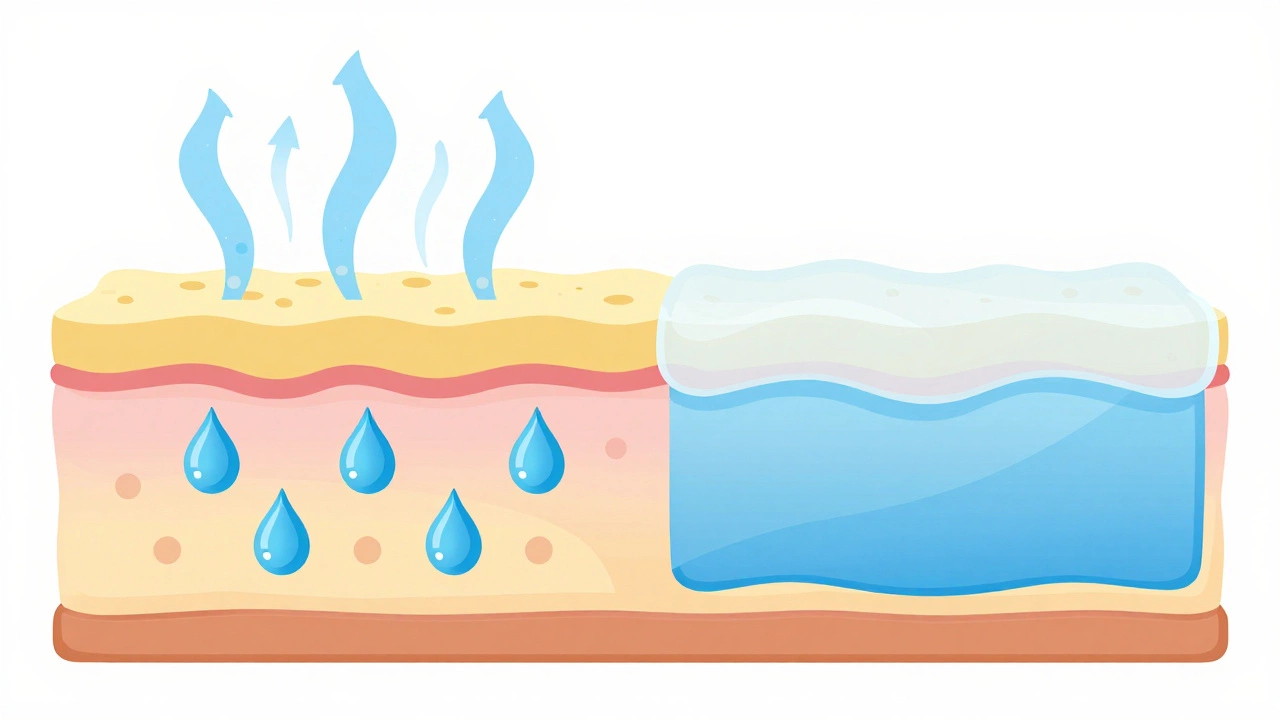 Illustration comparing skin hydration with and without moisturizer seal