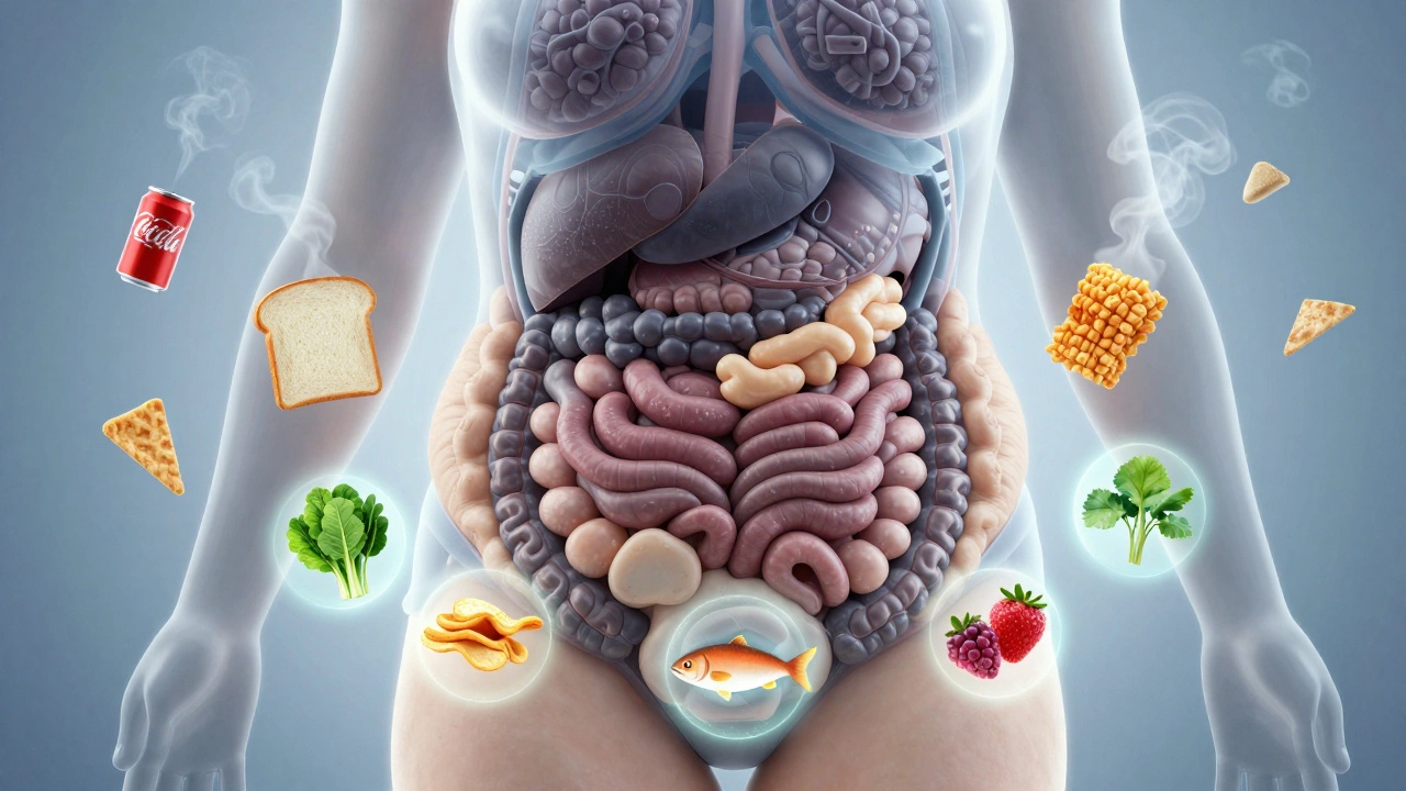 Illustration showing visceral fat around organs and healthy vs unhealthy food choices