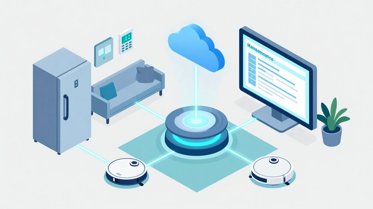 Isometric illustration of smart home devices connected via cloud network