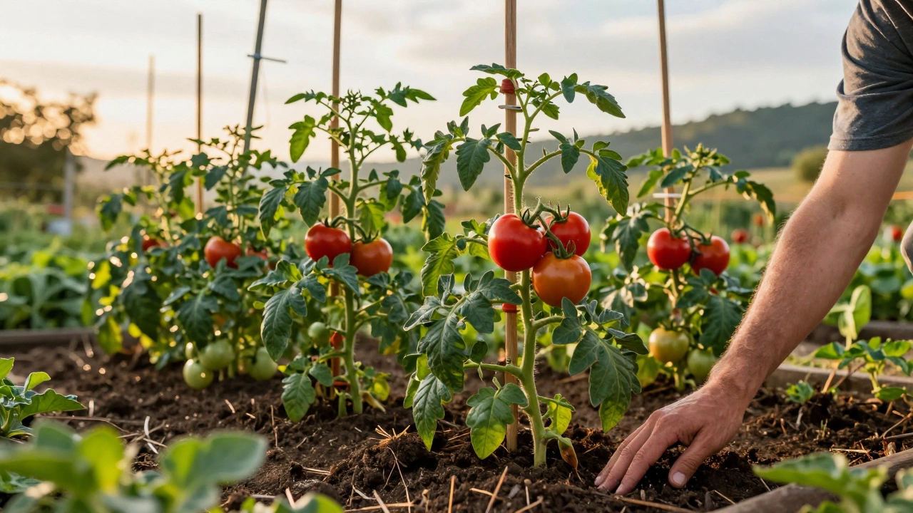 Lush vegetable garden with tomatoes growing on trellises