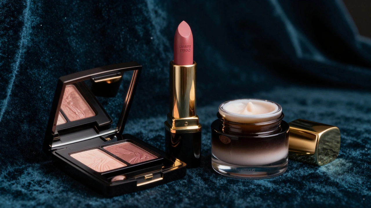 Luxury lipstick and eyeshadow on dark velvet background
