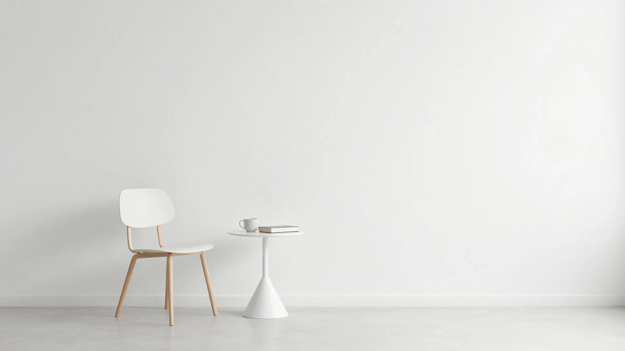 Minimalist living room corner with single chair and mug, showing empty space