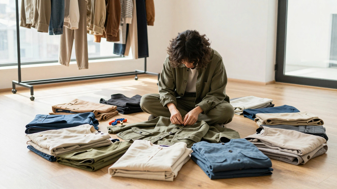 Person mending a jacket surrounded by sustainable and second-hand clothes