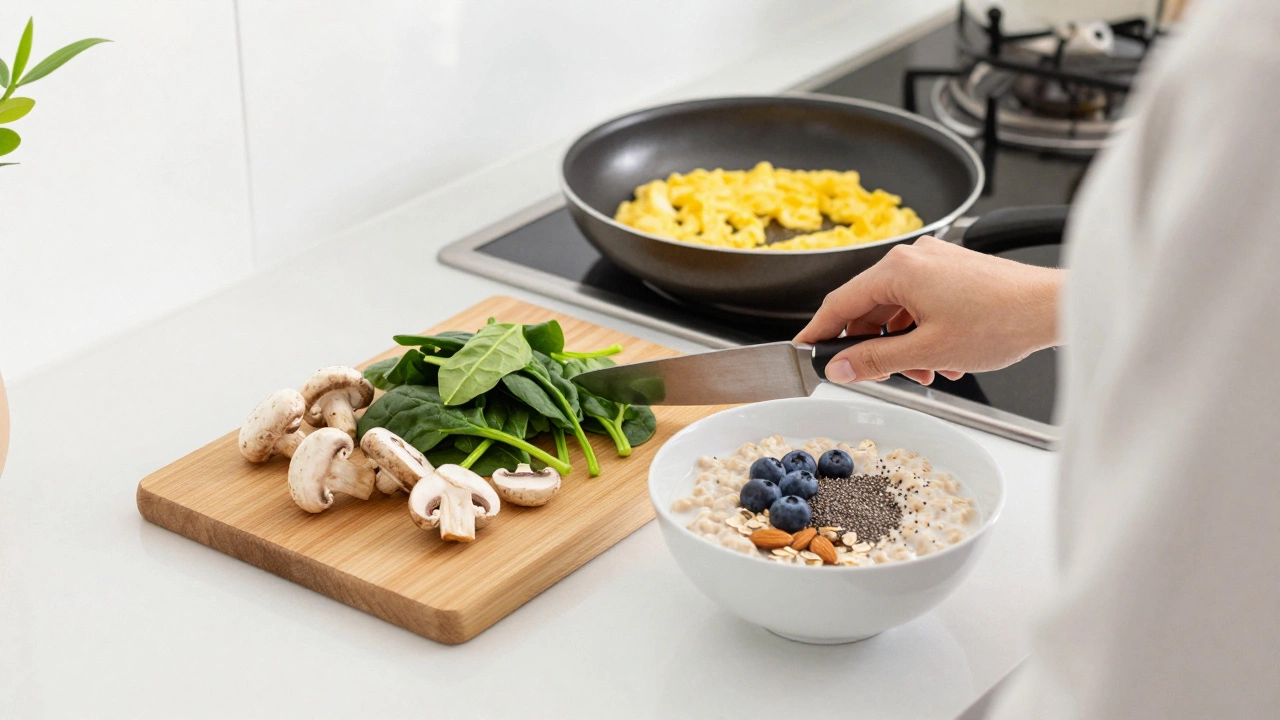 Person preparing healthy breakfast with eggs, spinach, and oatmeal in a sunny kitchen