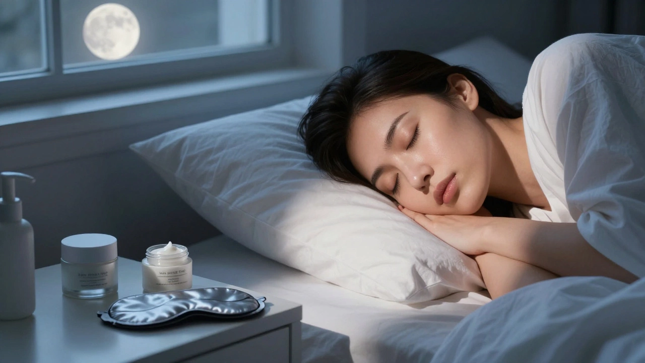Person sleeping peacefully with skincare products on bedside table