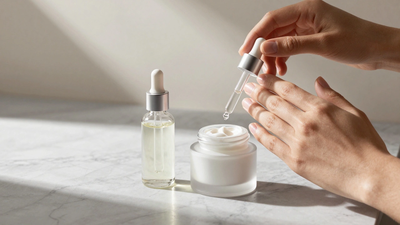 Skincare products and hands demonstrating proper layering order