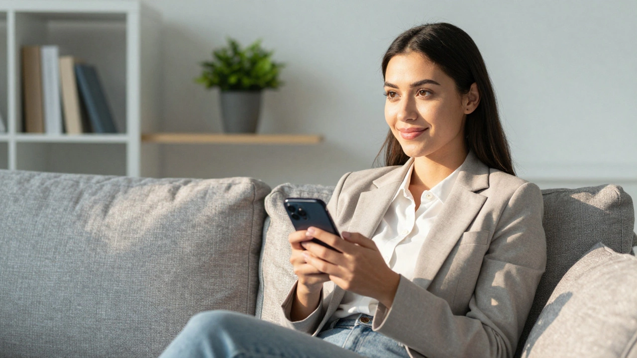 Woman relaxing with phone, embodying joy of missing out