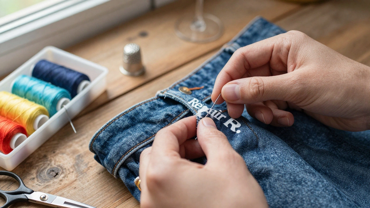Close-up of hands mending a tear in vintage denim jeans with needle and thread