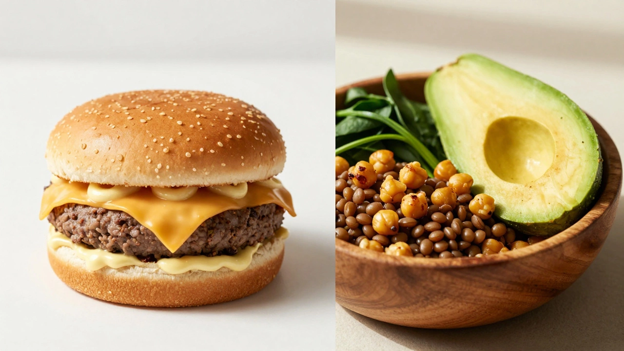 Comparison of a fast food burger versus a healthy plant-based bowl
